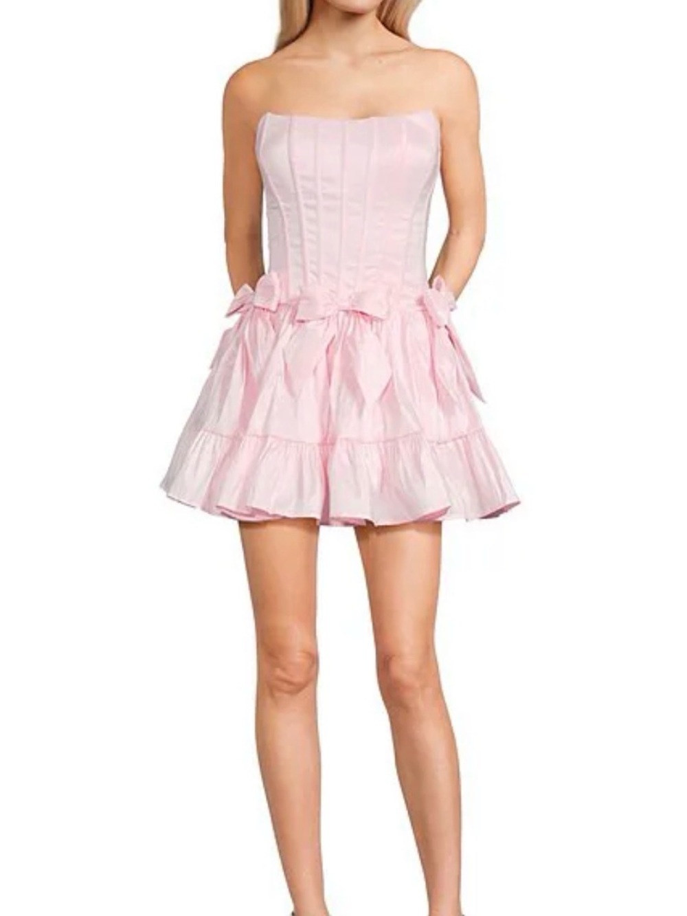Pink Strapless Bow Trim Ruffled Dress - Perfect for Megan Moroney - Picture 4 of 5